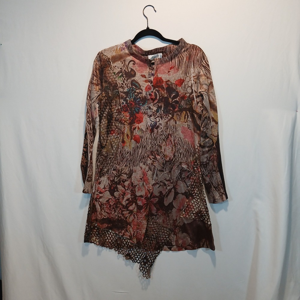 Aria. A M Long Sleeve Shirt Dress Asymmetrical Hem Henley Whimsygoth Floral Net